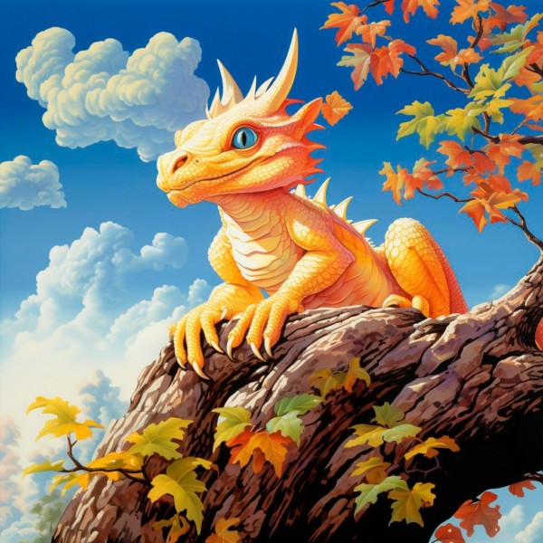 красивый милый мультяшный дракон, сидящий на дереве, ясное небо, в стиле Кадзумаса Нагаи